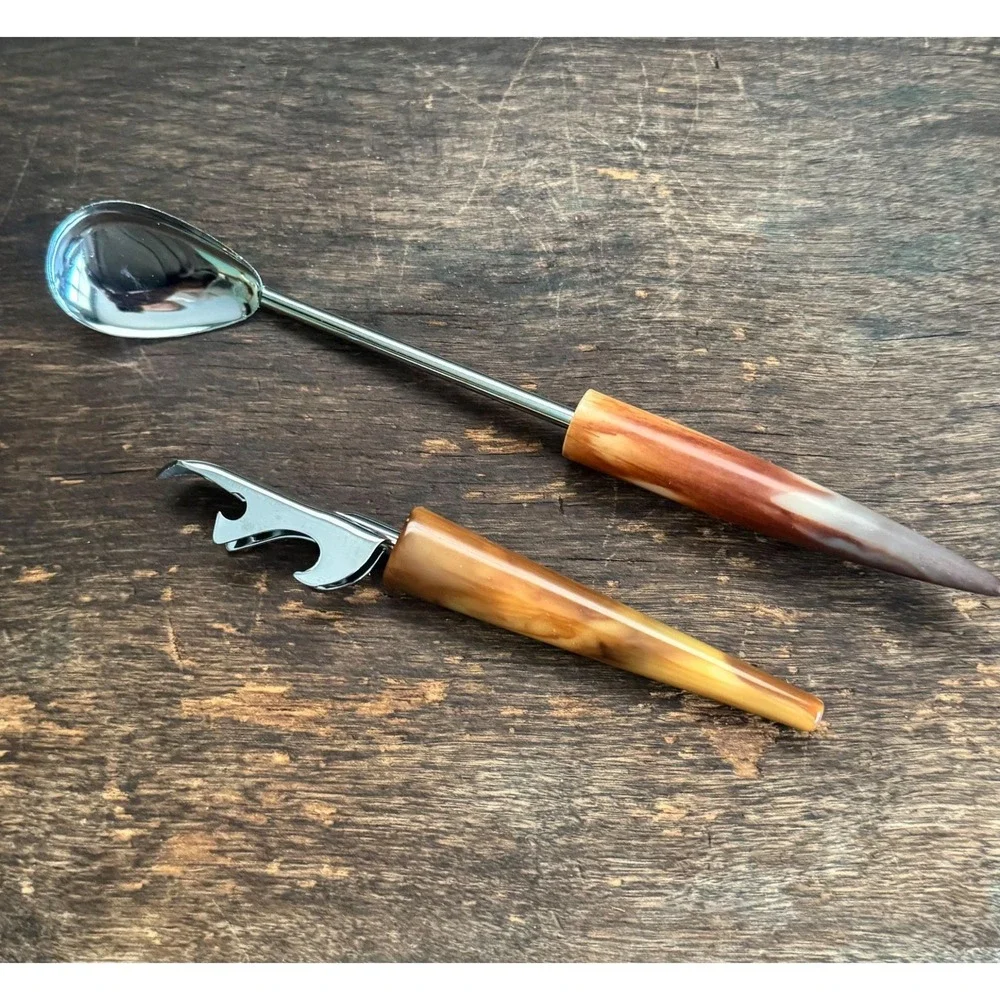 Bakelite Barware Butterscotch Tortoise Swirl Bottle Opener Iced Tea Spoon Stirre